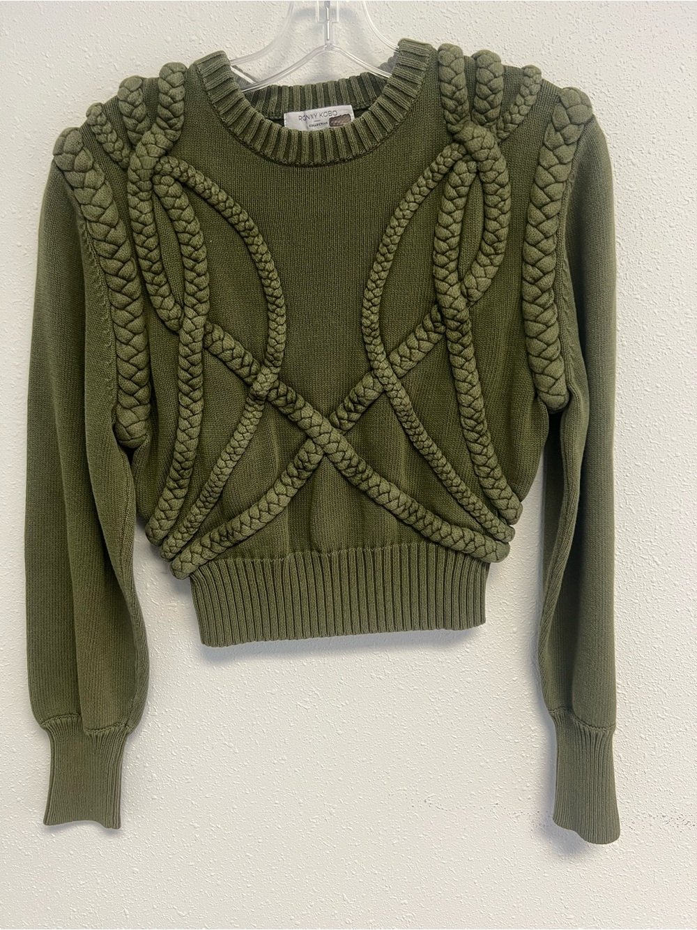 Ronny Kobo Collection Army Green Braided Cable Knit Sweater